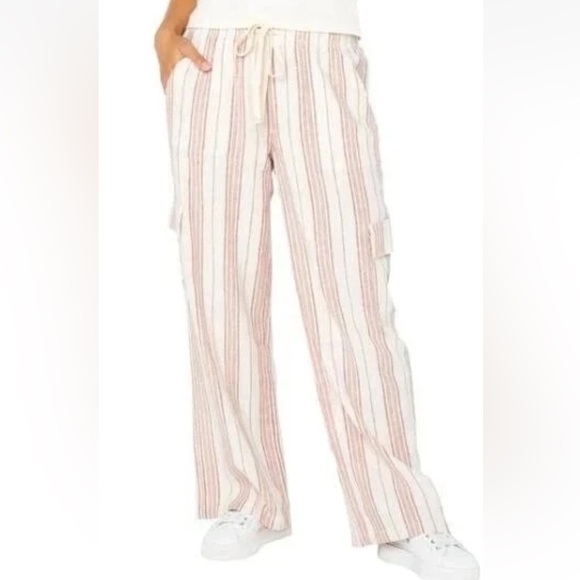 New Roxy Women's Linen Blend Cargo Pant lightweight pink Stripes XS - Picture 1 of 4